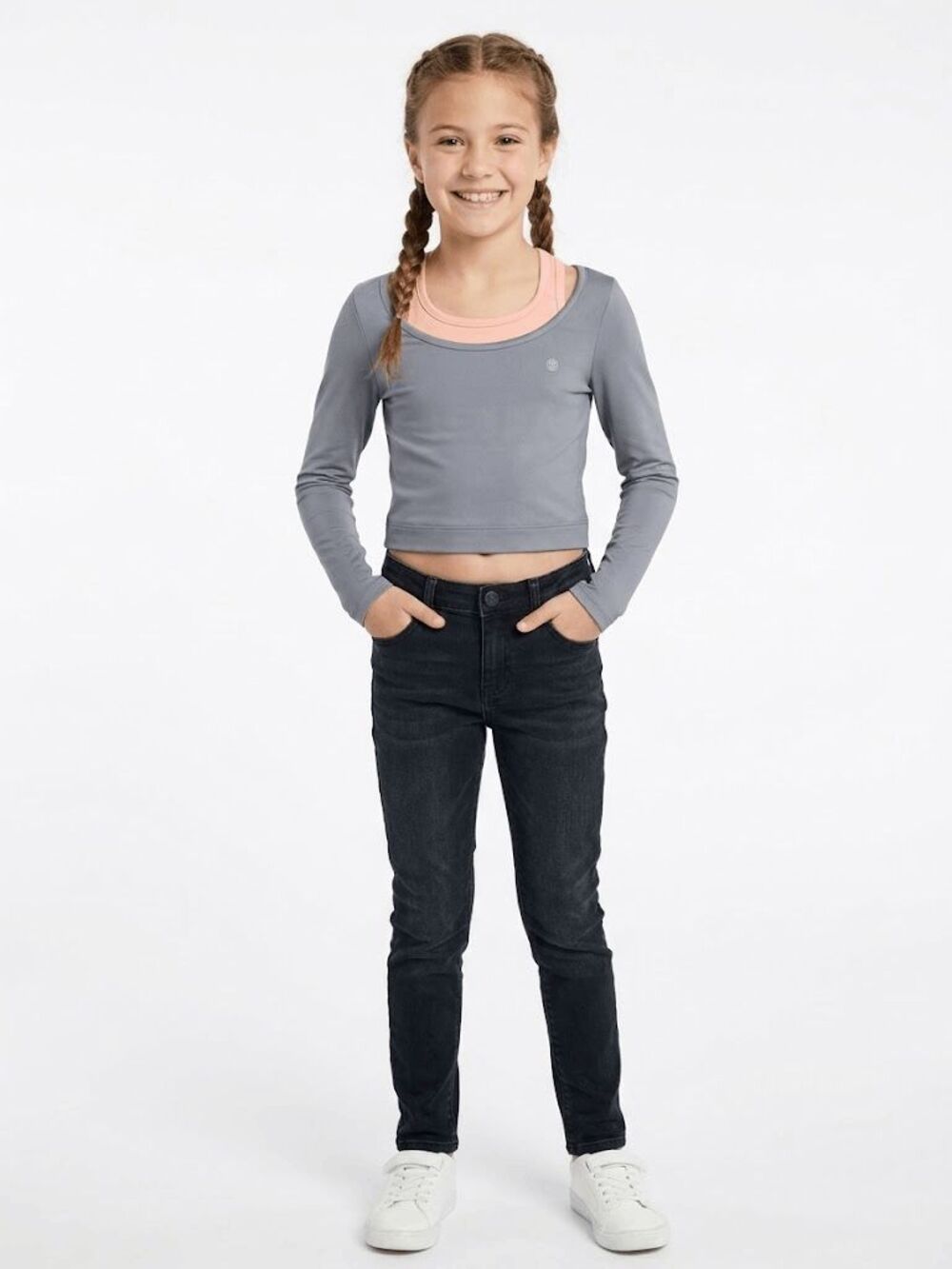 Balance Collection Girls Grey Long Sleeve Crop Top with Peach Sports Bra Size S